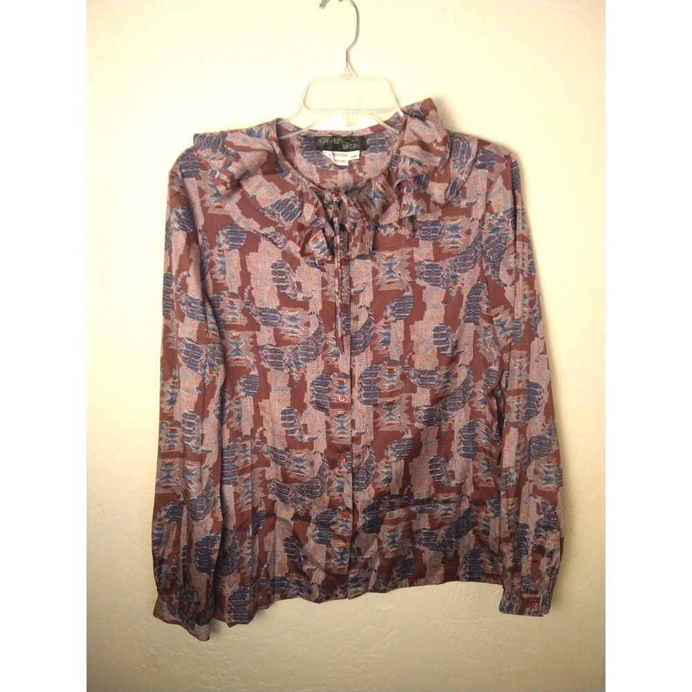 VTG Givenchy Sport Women 14 Button Front Blouse Ruffle Neck Paisley Aztec Print